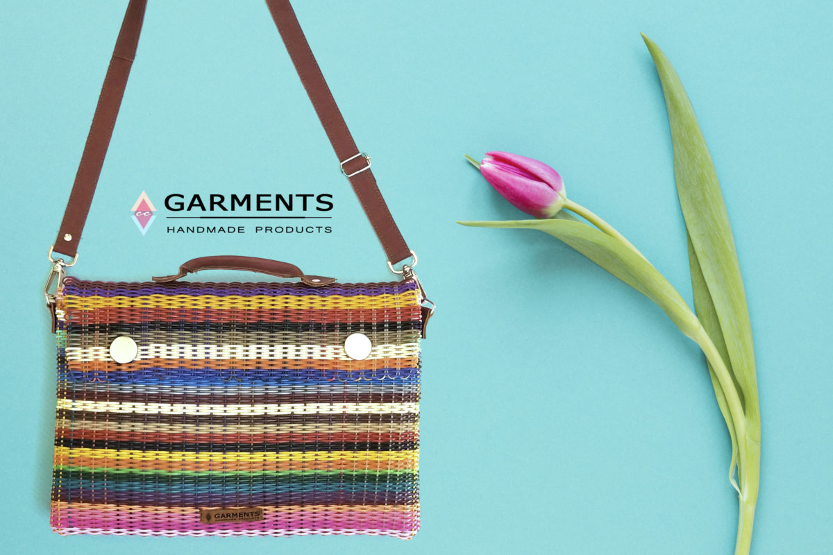 Briefcase Pro multicolored striped handwoven recycled plastic briefcase with genuine leather handle and shoulder strap
