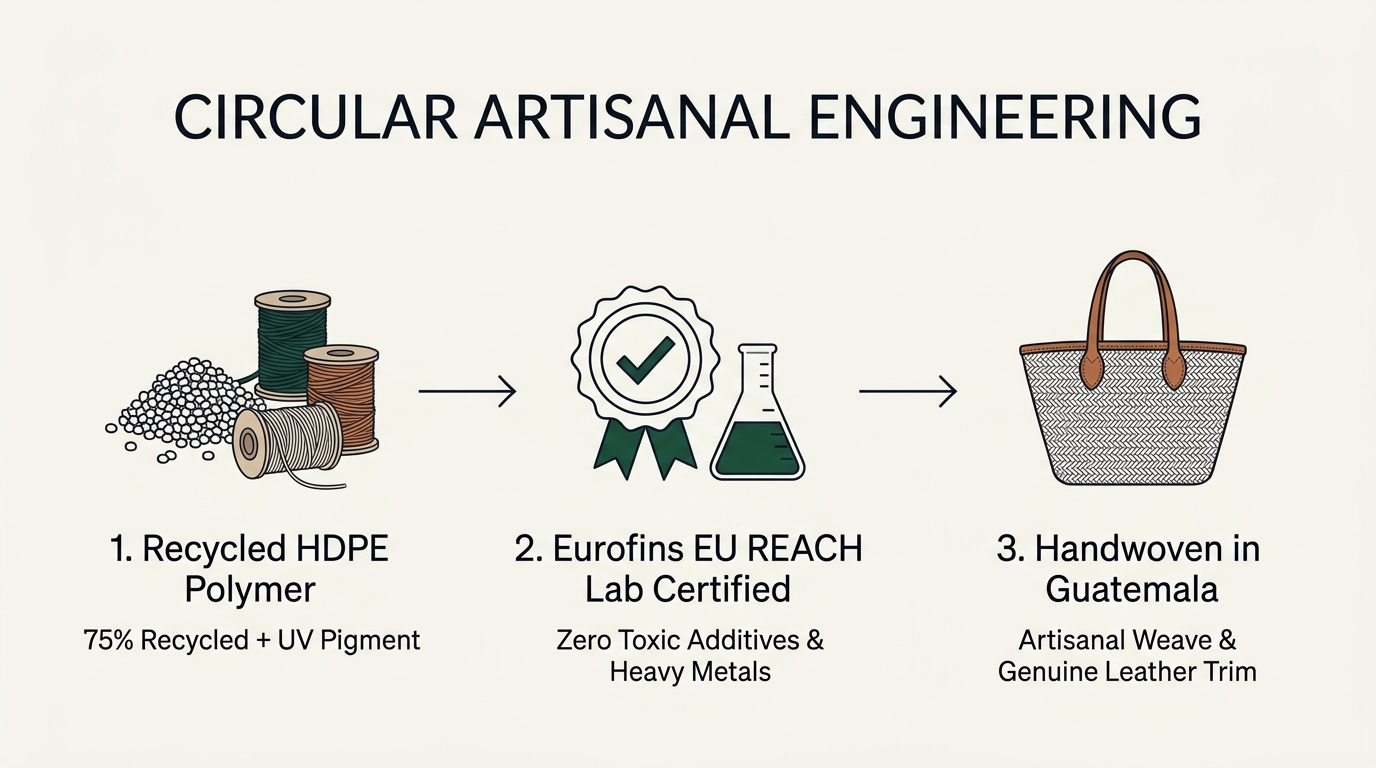 Circular Artisanal Engineering 3-step diagram: 75% Recycled HDPE Polymer with UV pigment, Eurofins EU REACH Lab Certification, and Handwoven in Guatemala with genuine leather trim