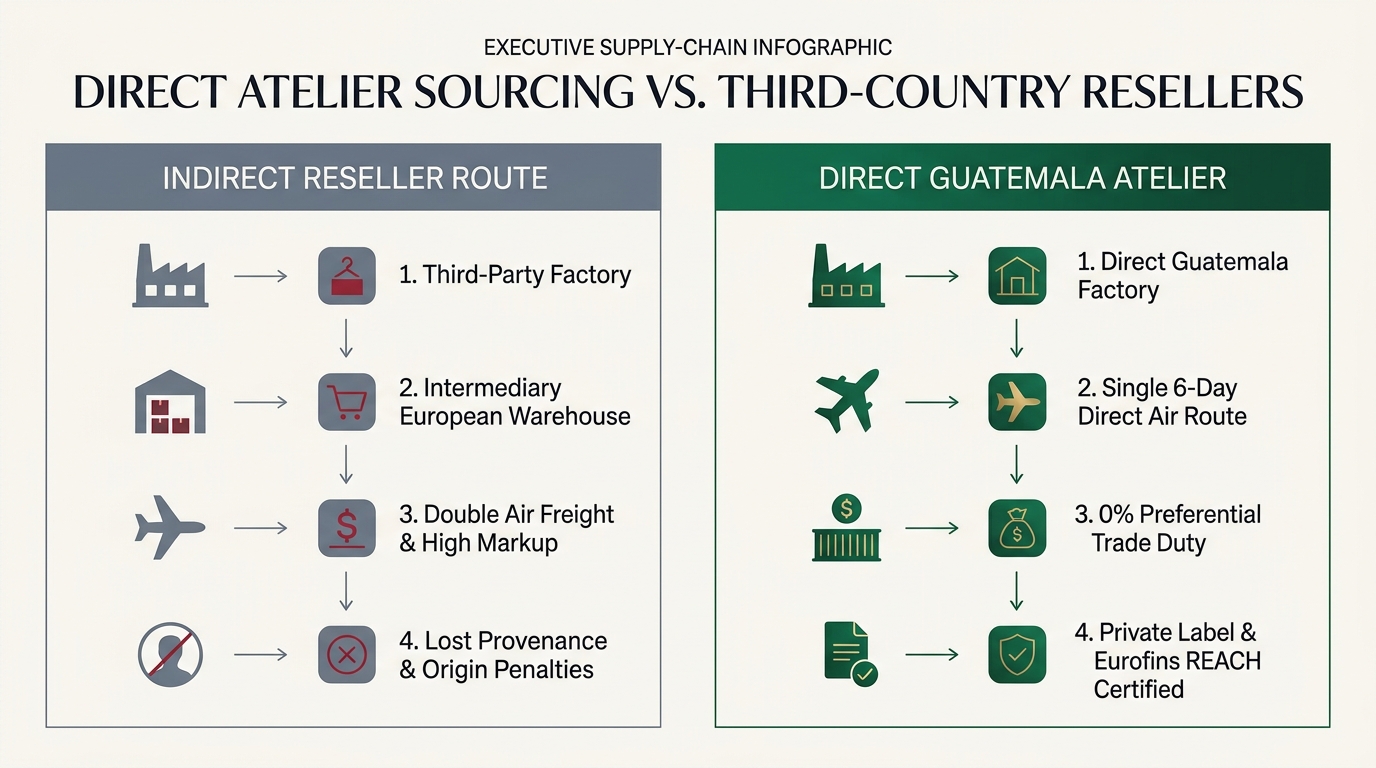 Executive supply-chain comparison between Indirect European Reseller Route (double air freight, high markup, lost origin) and Direct Guatemala Atelier Sourcing (6-day air route, 0% preferential trade duty, Private Label & Eurofins REACH certified)