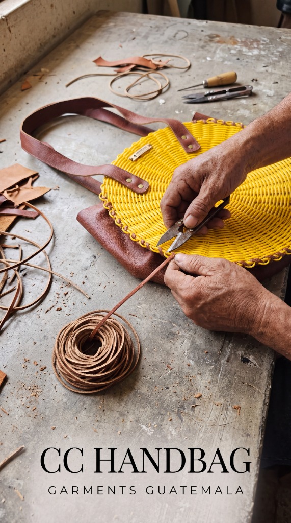 Master artisan in Guatemala City hand-stitching genuine leather trim onto a yellow woven recycled plastic CC Handbag