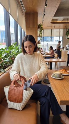 Minimalist ivory handwoven recycled plastic tote bag with cognac leather handles styled in a modern European cafe setting